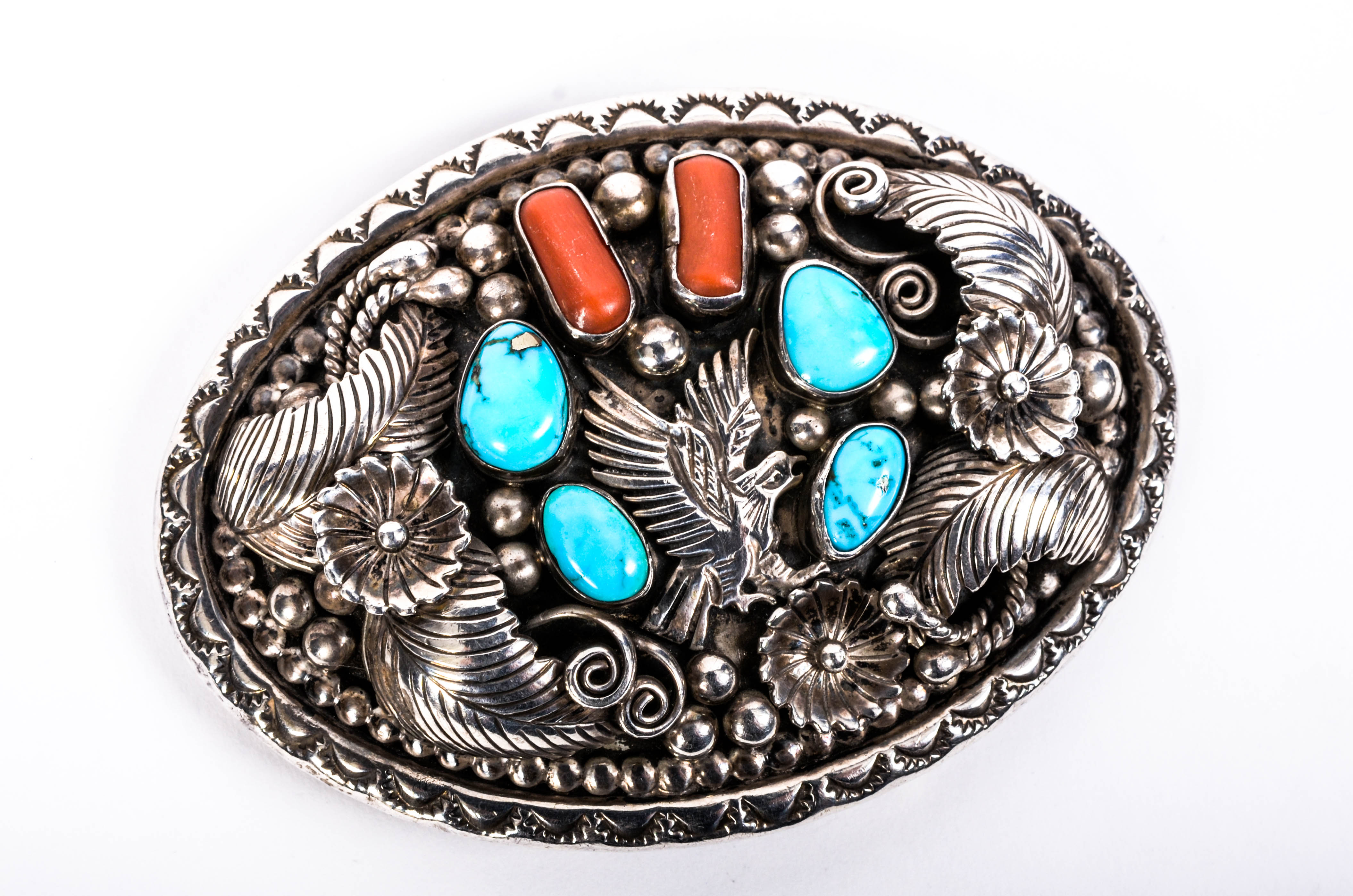 Morty Johnson Signed Turquoise, Coral, and Sterling Silver Belt Buckle