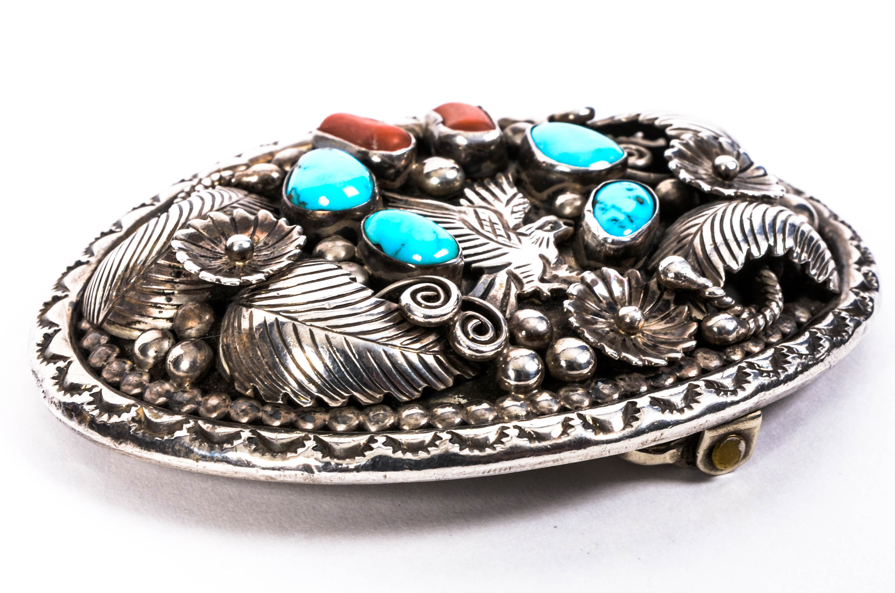 Morty Johnson Signed Turquoise, Coral, and Sterling Silver Belt Buckle