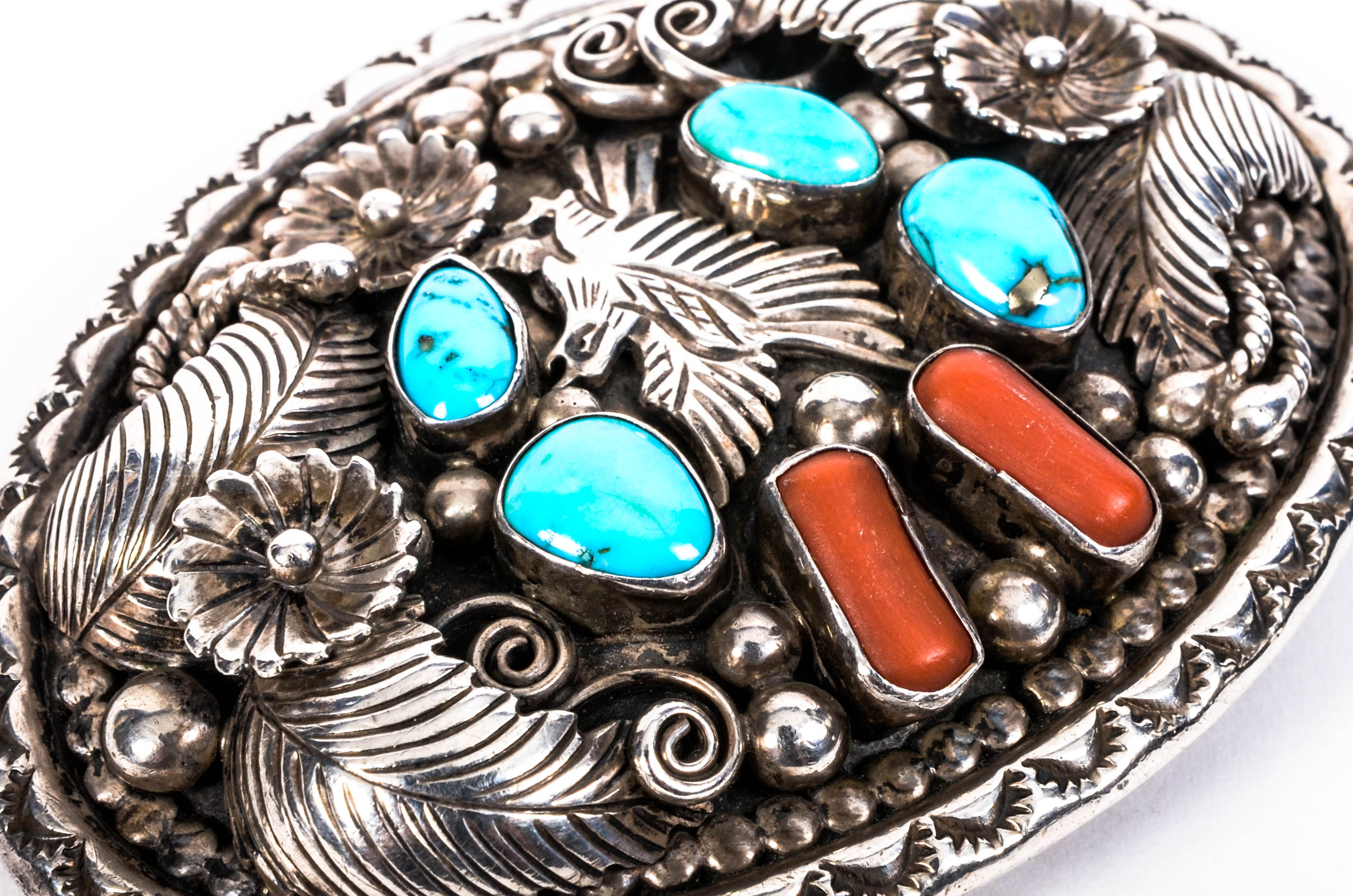 Morty Johnson Signed Turquoise, Coral, and Sterling Silver Belt Buckle