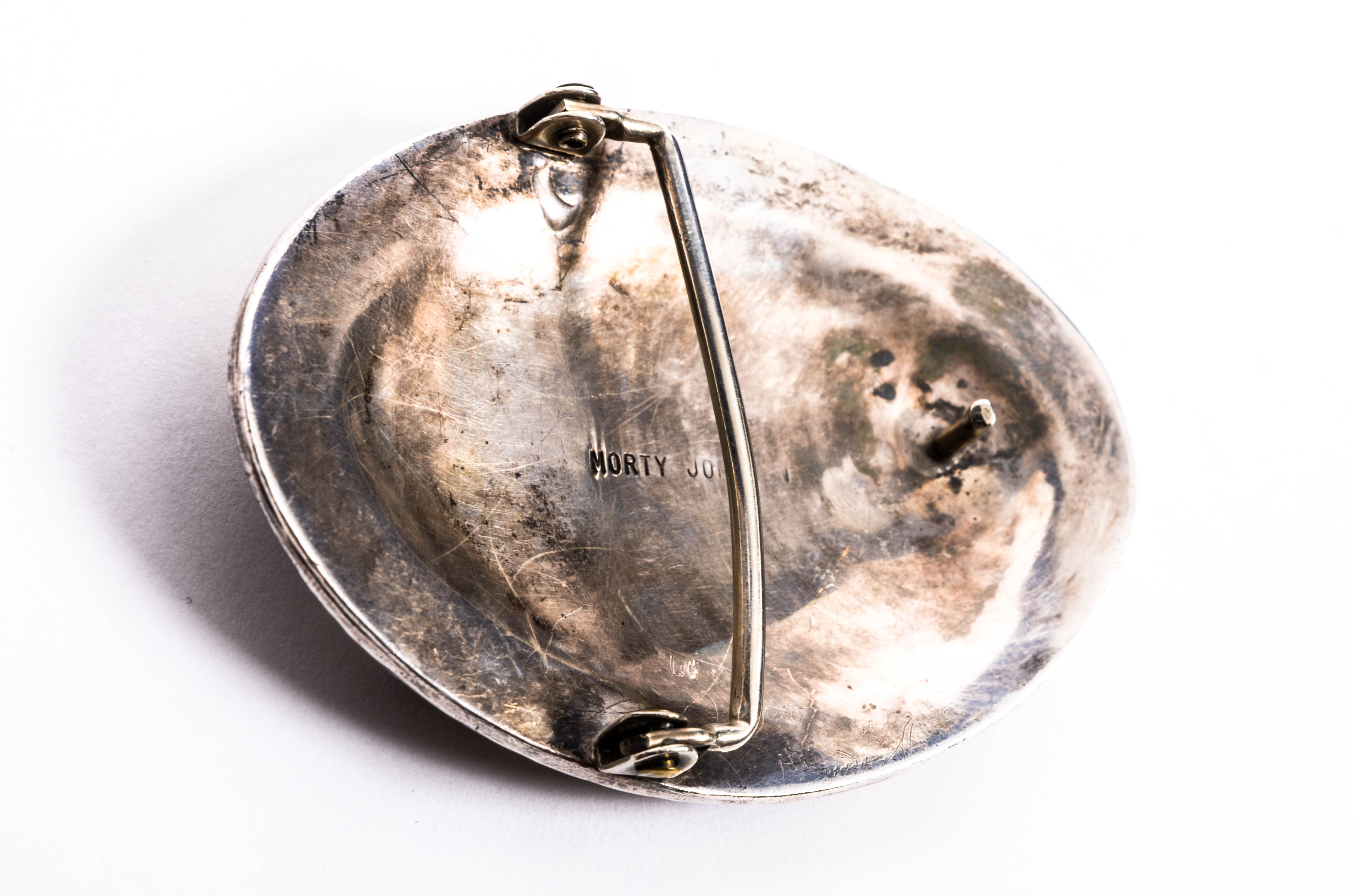 Morty Johnson Signed Turquoise, Coral, and Sterling Silver Belt Buckle