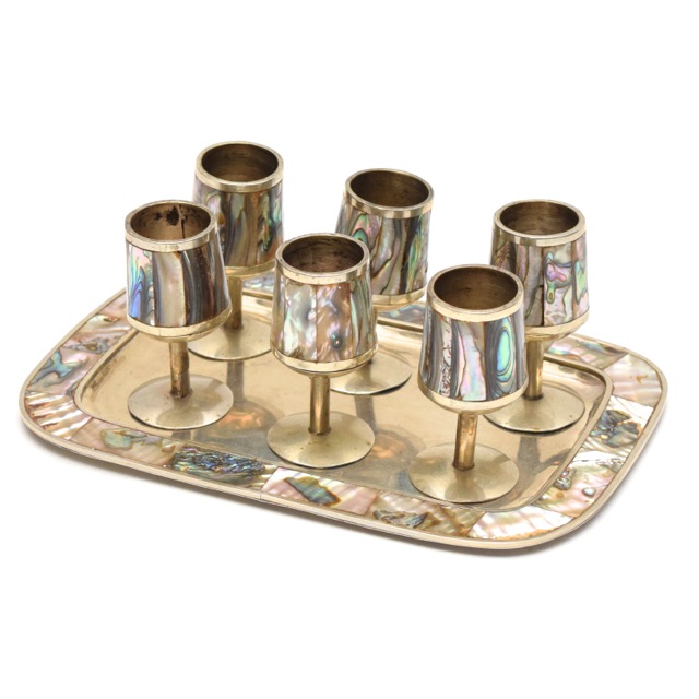 Vintage Abalone and Silver Tone Cordial Set on Tray