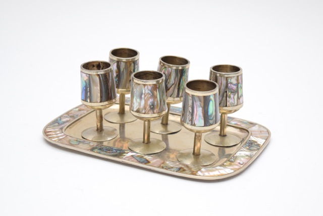 Vintage Abalone and Silver Tone Cordial Set on Tray