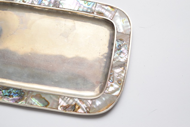 Vintage Abalone and Silver Tone Cordial Set on Tray
