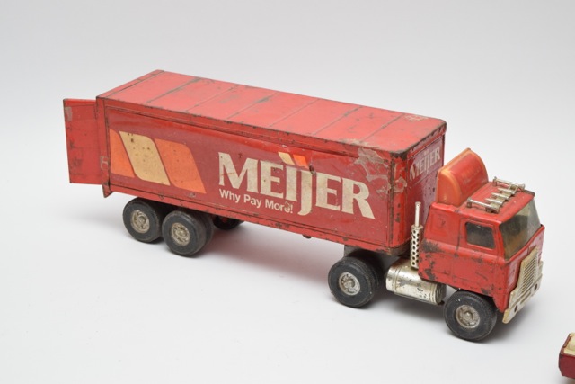 Vintage Ertl Pressed Steel Toy Semi Truck with Meijer Trailer and Buddy L Truck