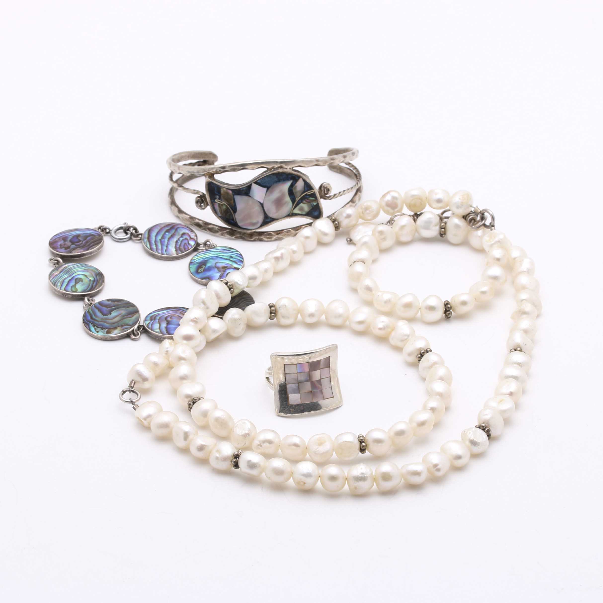 Sterling Silver Inlay Cuff and Ring, Abalone Bracelet, and Pearl Necklace