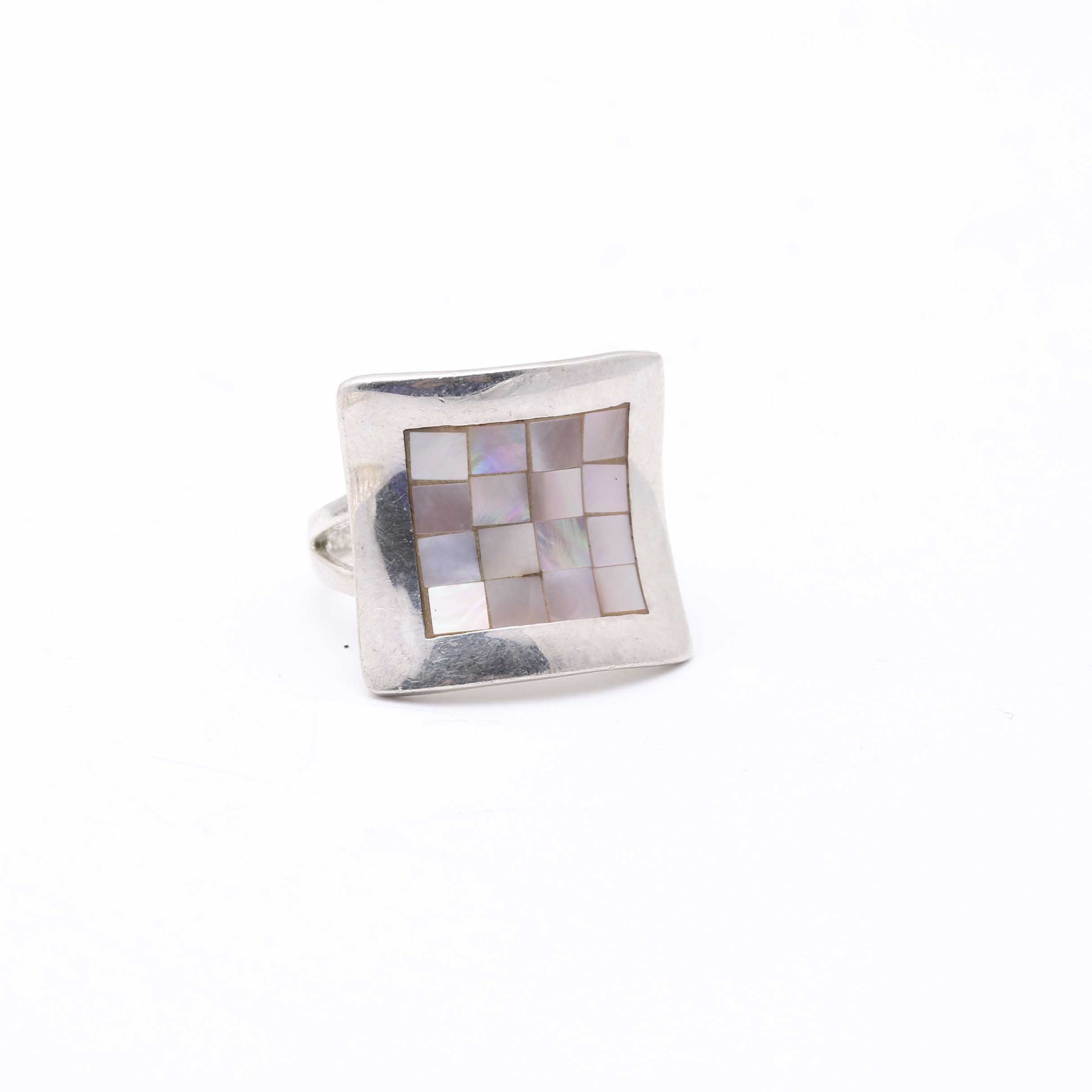 Sterling Silver Inlay Cuff and Ring, Abalone Bracelet, and Pearl Necklace
