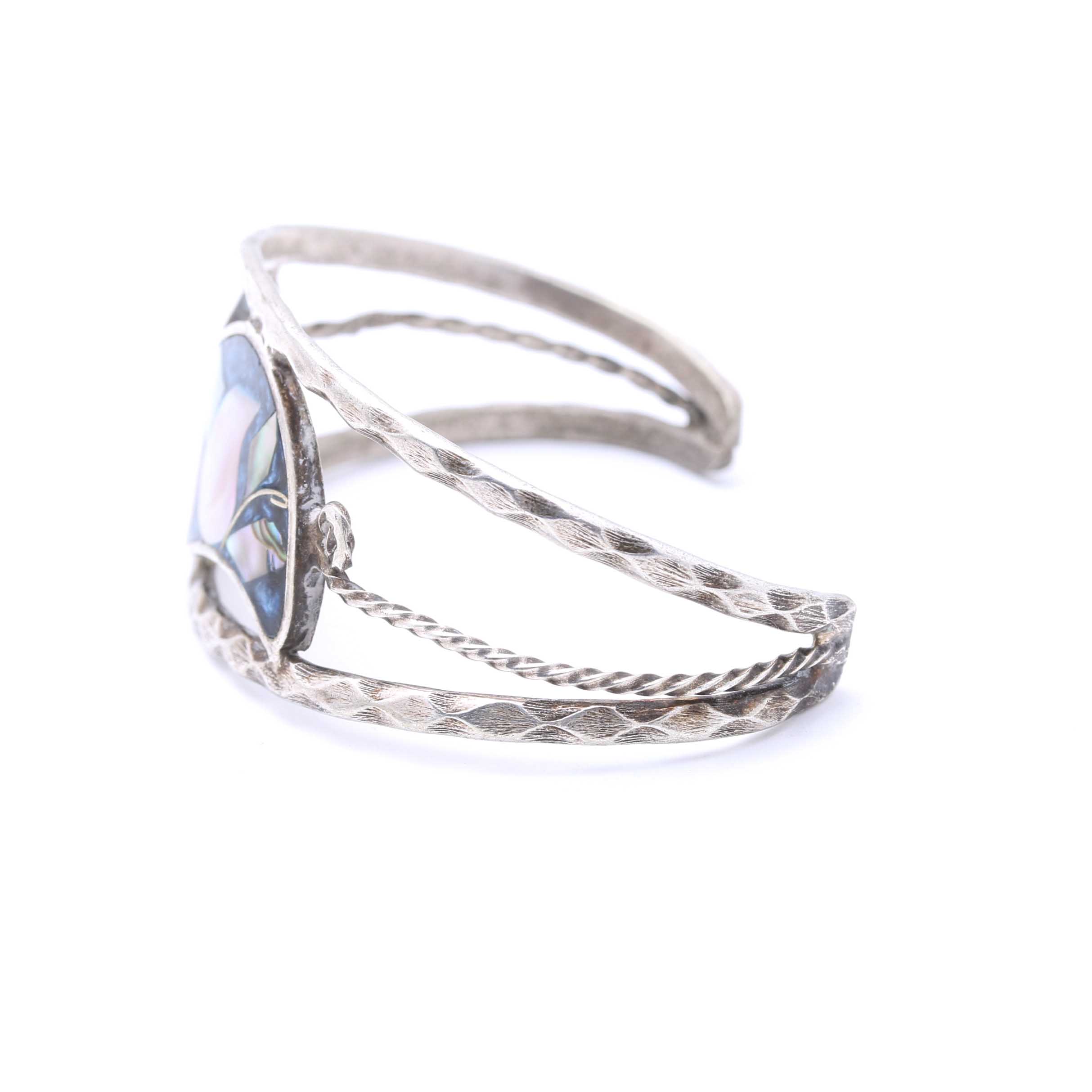 Sterling Silver Inlay Cuff and Ring, Abalone Bracelet, and Pearl Necklace