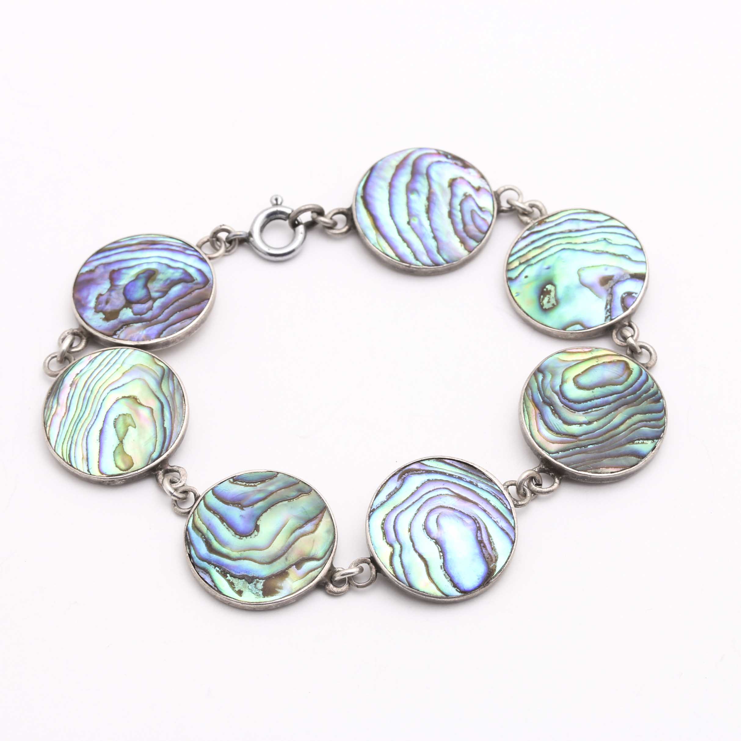 Sterling Silver Inlay Cuff and Ring, Abalone Bracelet, and Pearl Necklace