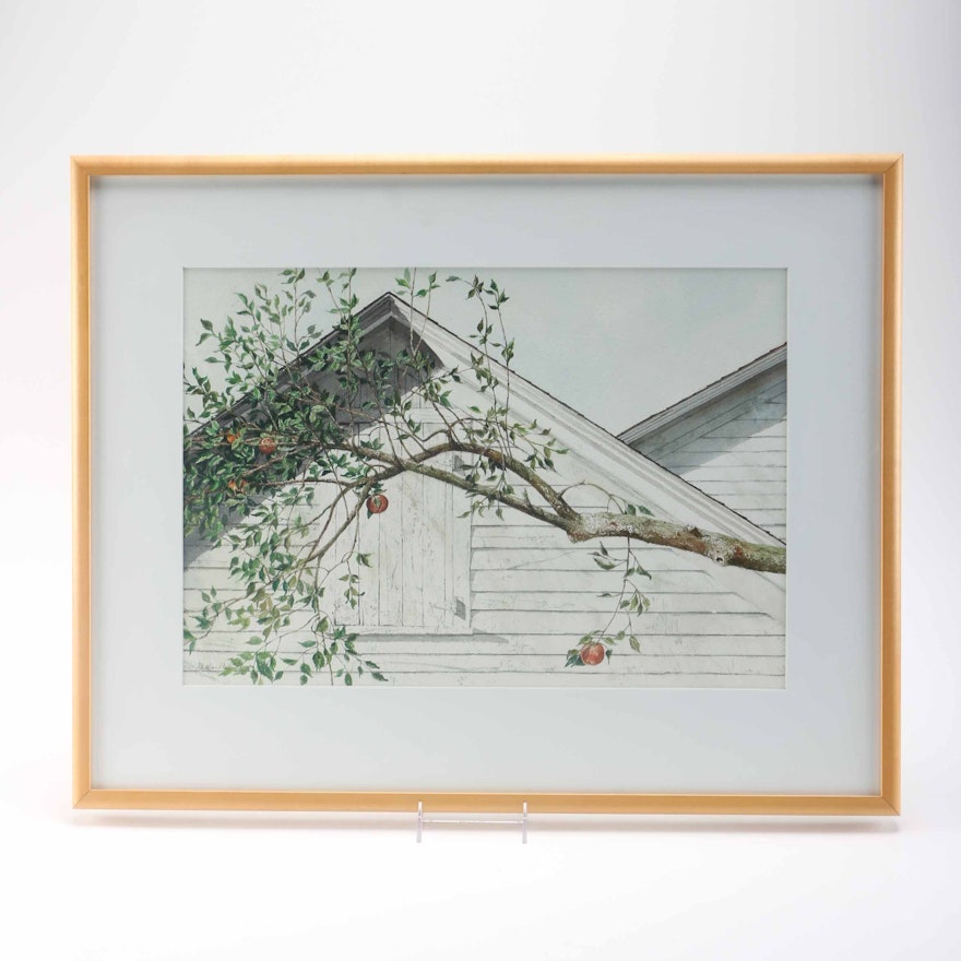 H. Dean Willis Signed Watercolor of an Apple Branch Against an Eave