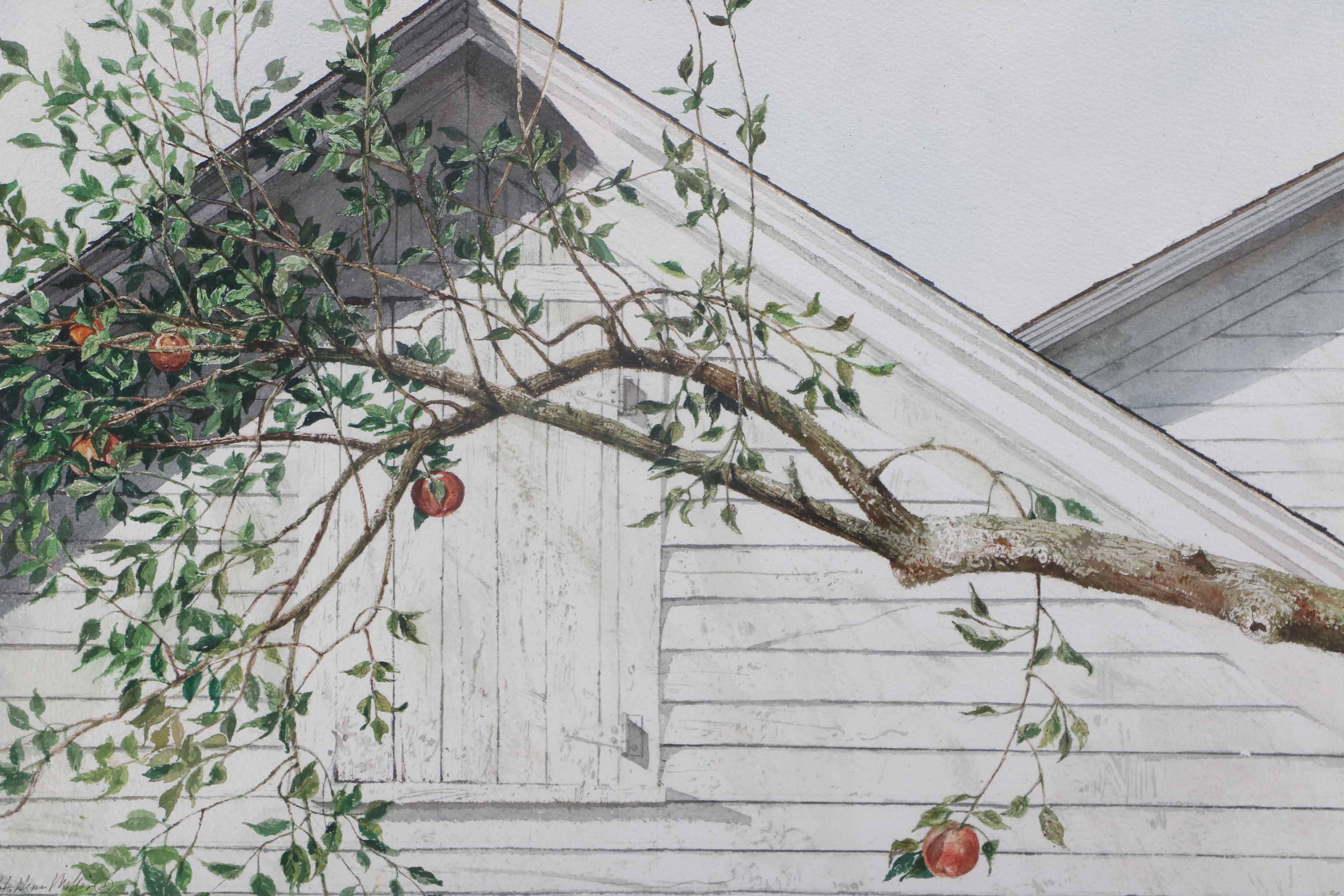 H. Dean Willis Signed Watercolor of an Apple Branch Against an Eave