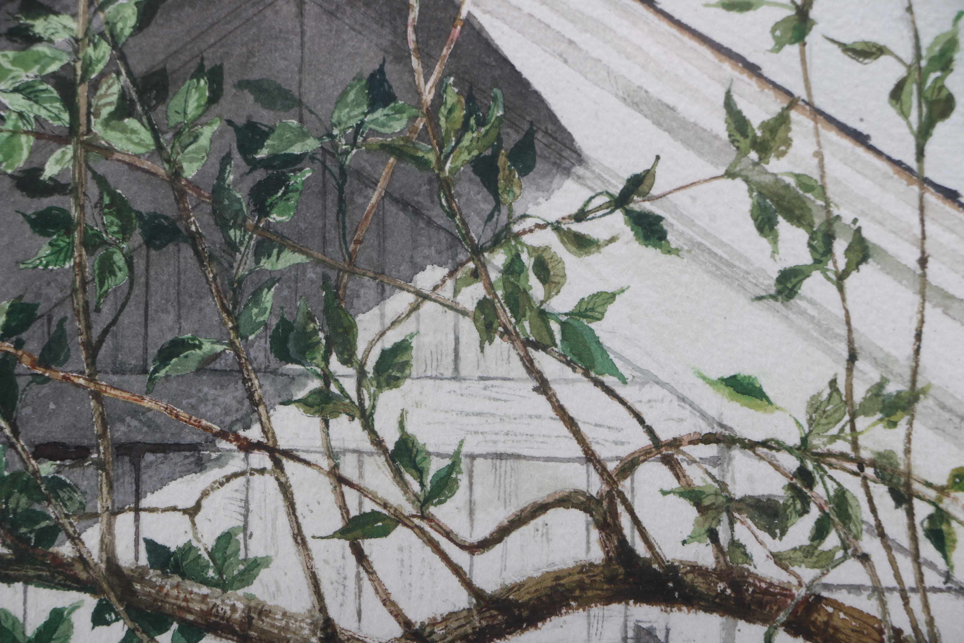 H. Dean Willis Signed Watercolor of an Apple Branch Against an Eave