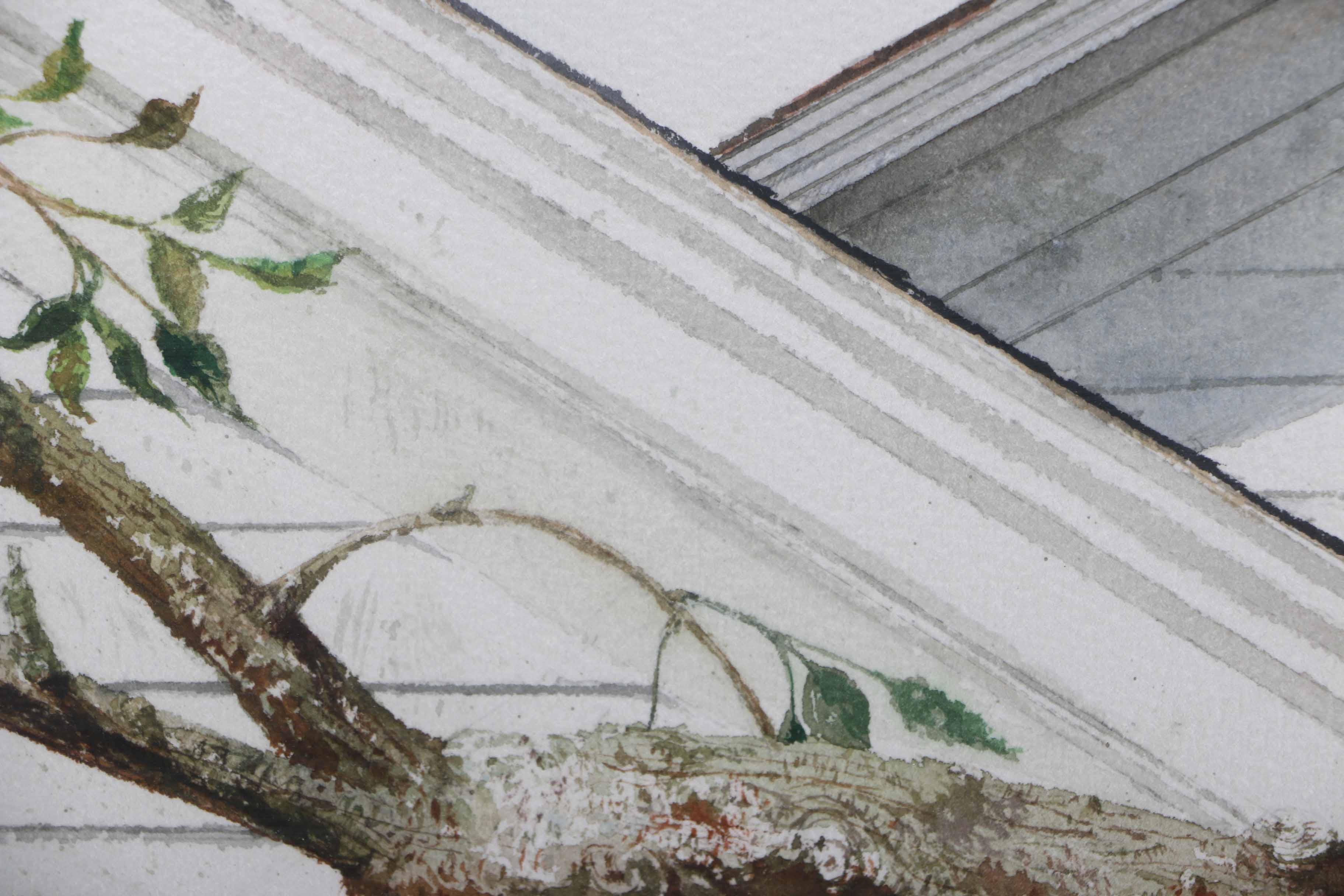H. Dean Willis Signed Watercolor of an Apple Branch Against an Eave
