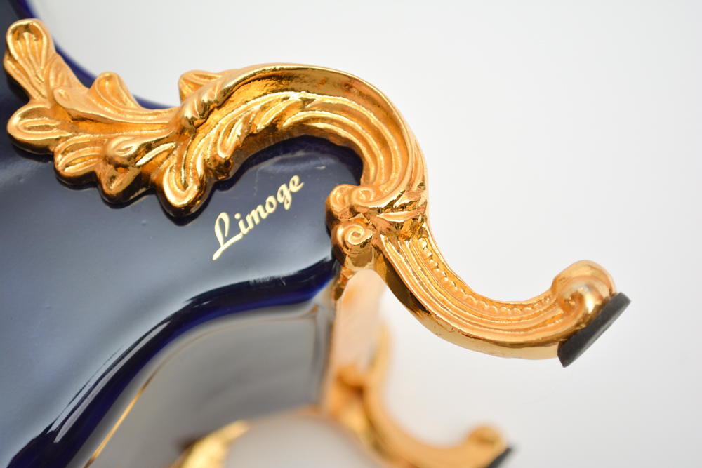 Limoges Blue and Gold Ormolu Porcelain Mantel Clock
