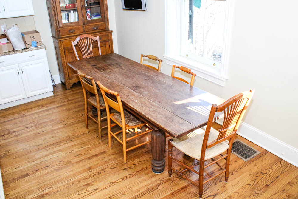 Antique Harvest Table and Six Dining Chairs