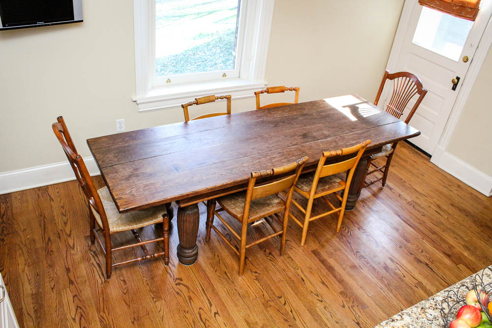 Antique Harvest Table and Six Dining Chairs