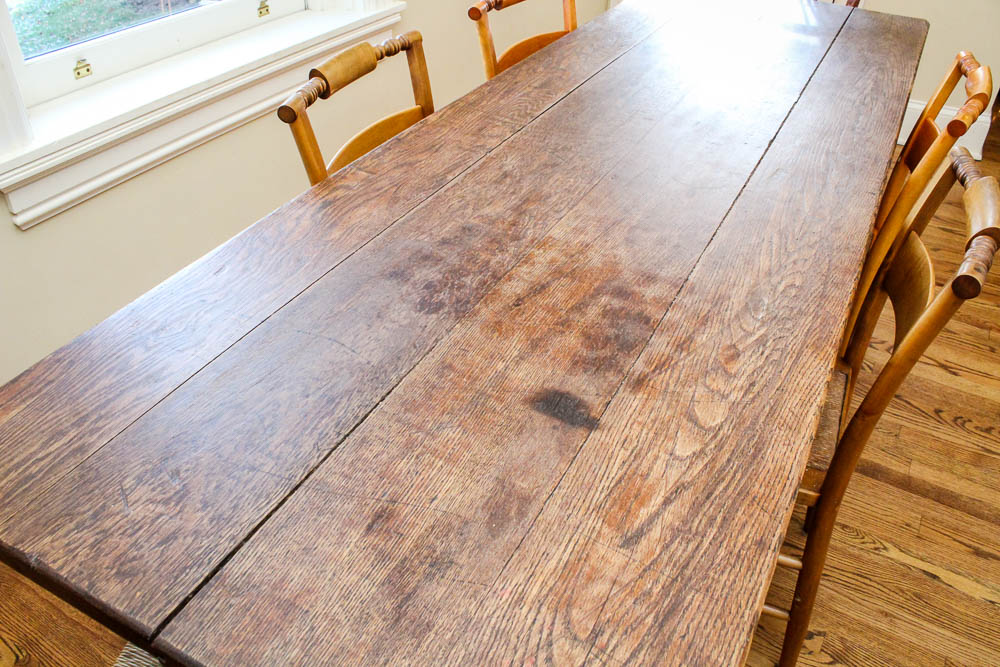 Antique Harvest Table and Six Dining Chairs