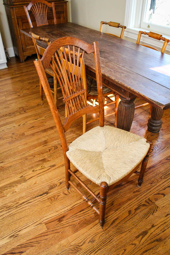 Antique Harvest Table and Six Dining Chairs