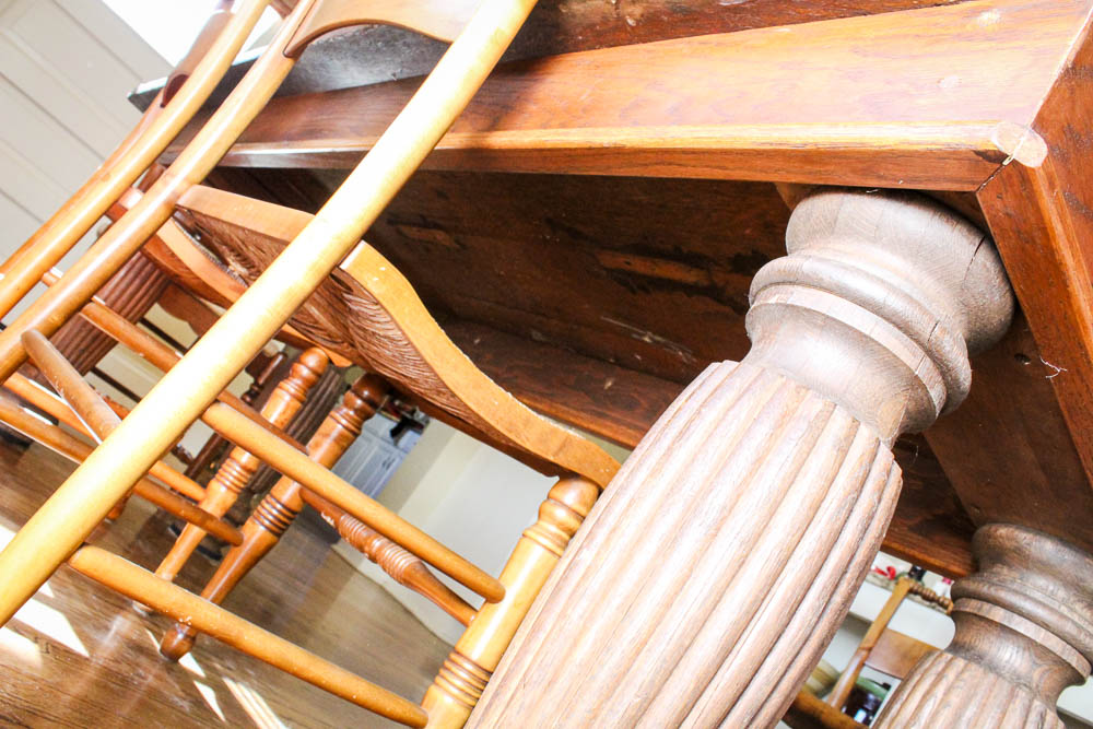 Antique Harvest Table and Six Dining Chairs