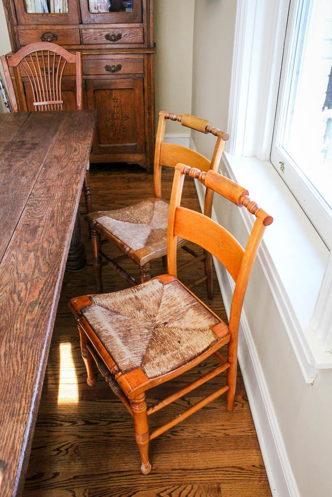 Antique Harvest Table and Six Dining Chairs