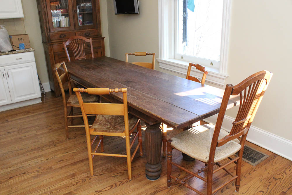 Antique Harvest Table and Six Dining Chairs