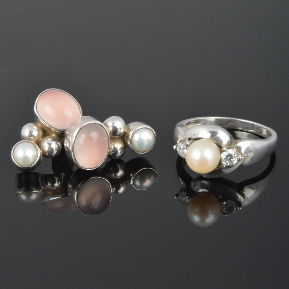 Sterling Silver and Cultured Pearl Ring and Earrings Set