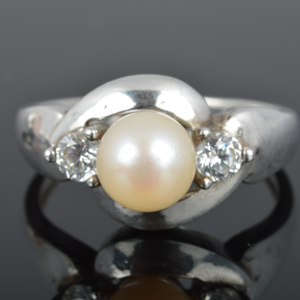 Sterling Silver and Cultured Pearl Ring and Earrings Set
