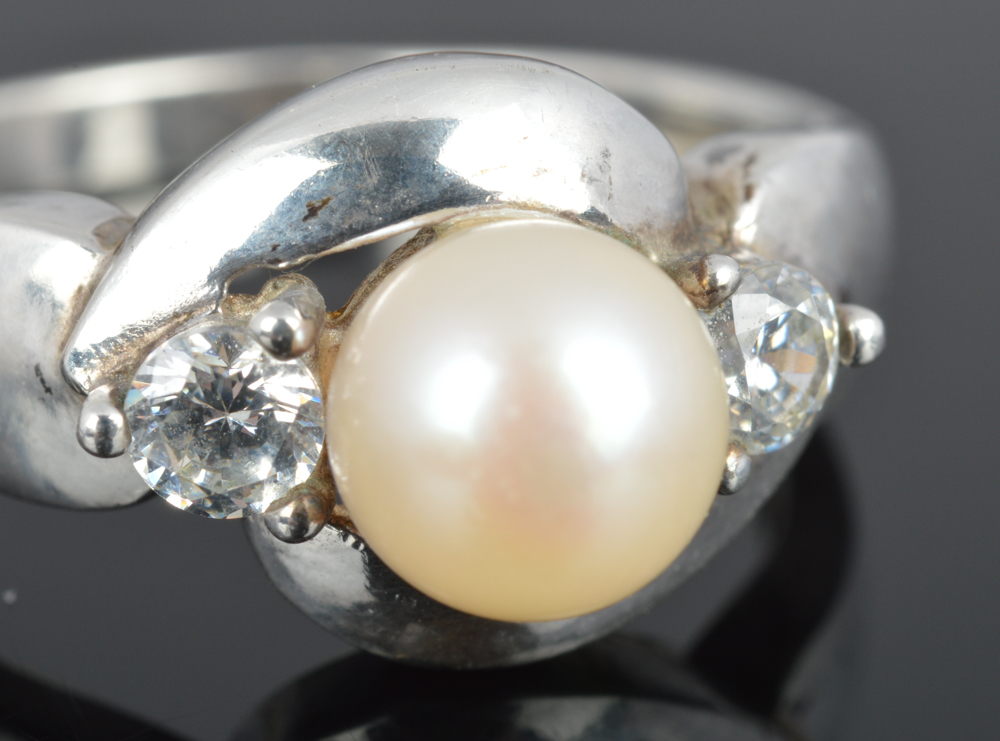 Sterling Silver and Cultured Pearl Ring and Earrings Set