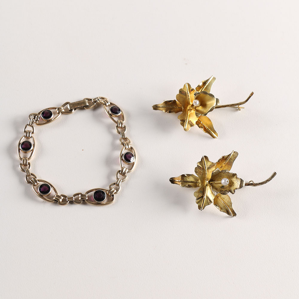 Sterling Amethyst Bracelet with Gold Tone Faux Pearl Brooches