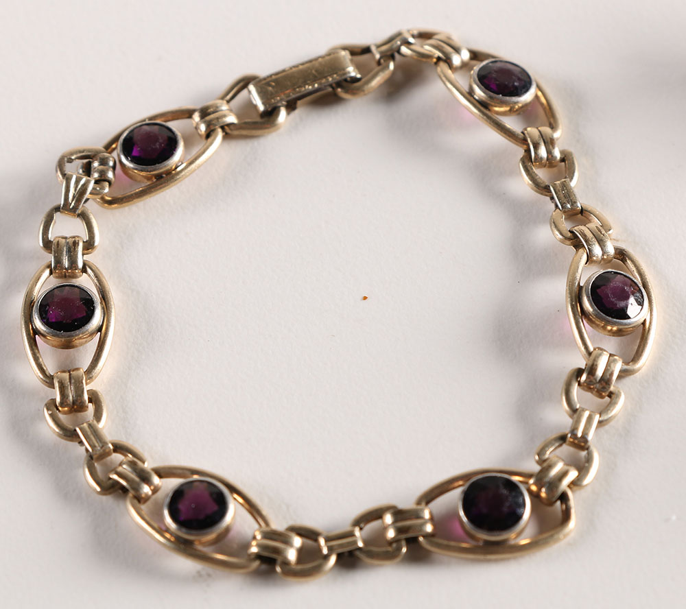 Sterling Amethyst Bracelet with Gold Tone Faux Pearl Brooches
