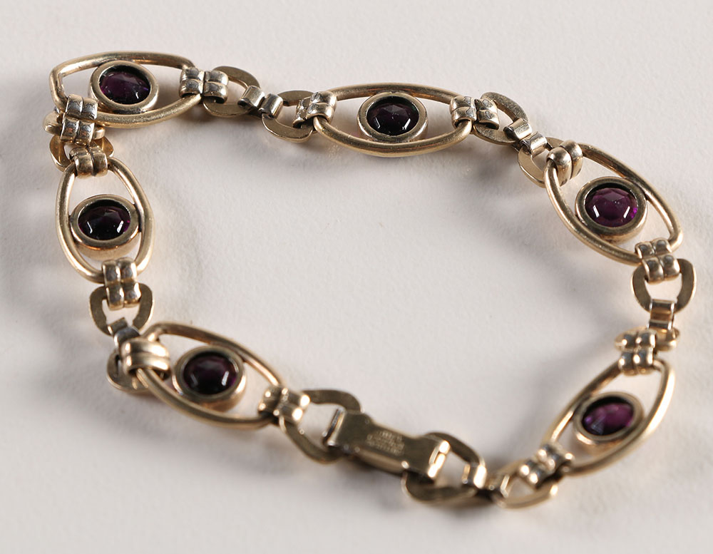 Sterling Amethyst Bracelet with Gold Tone Faux Pearl Brooches