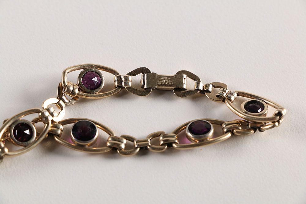Sterling Amethyst Bracelet with Gold Tone Faux Pearl Brooches