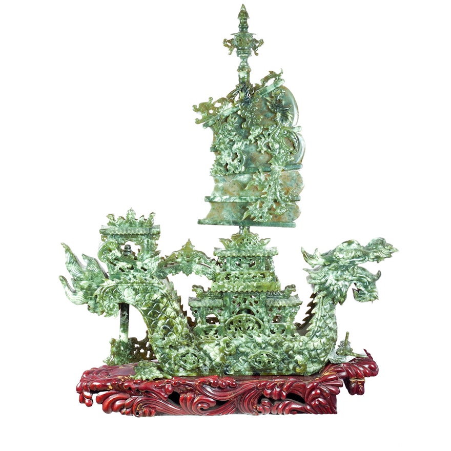 Chinese Carved Serpentine Sculpture Of a Dragon Ship