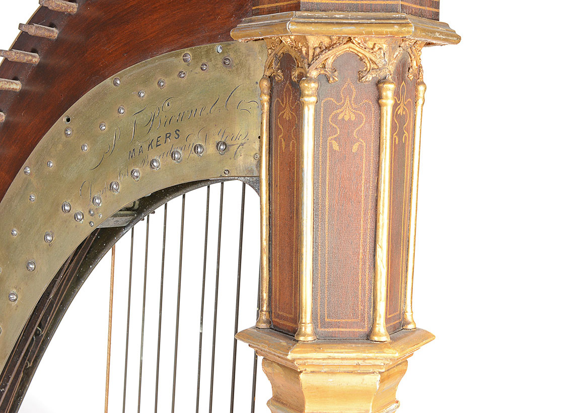 Rare 19th Century Gilt-Decorated Pedal Harp by J. F. Brown & Company