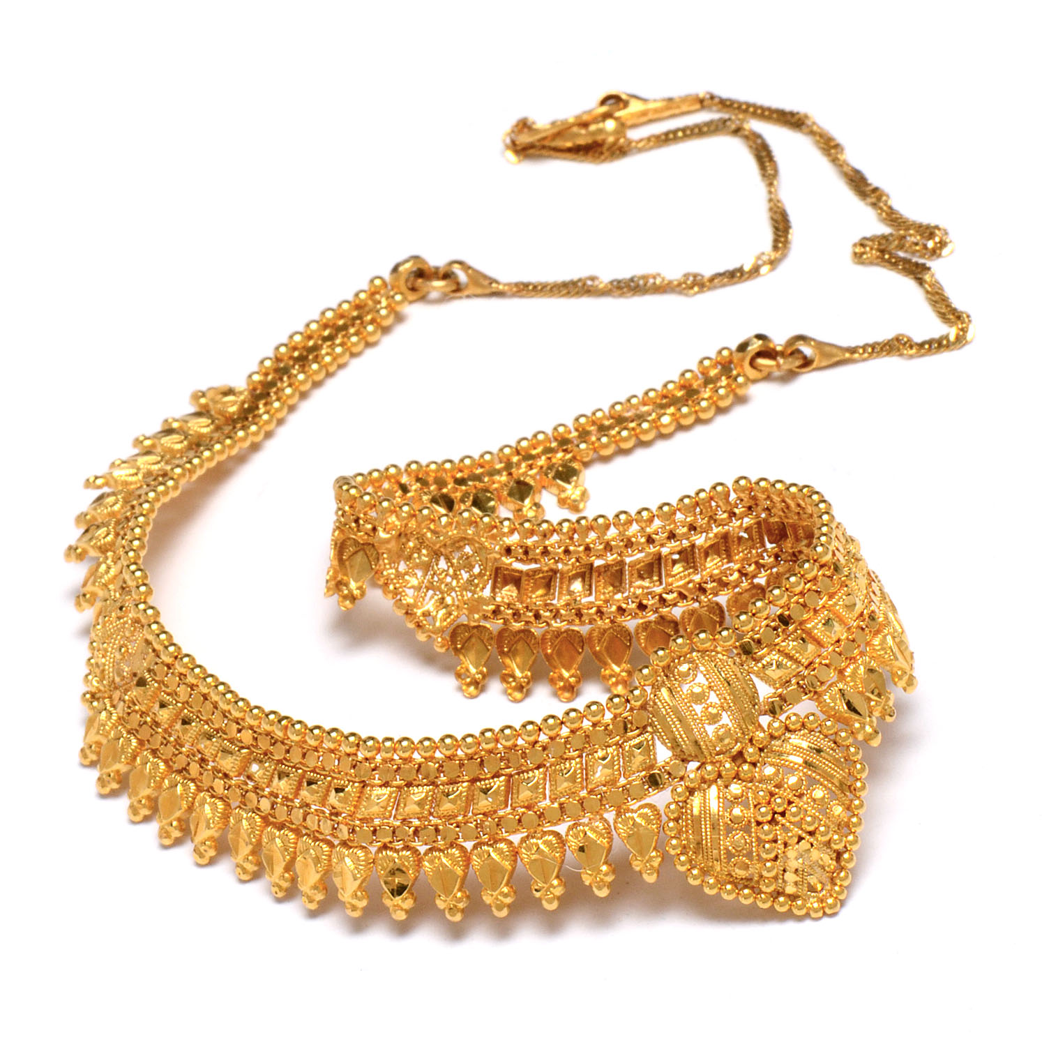 22K Yellow Gold Indian Collar Link Chain Necklace with Hearts