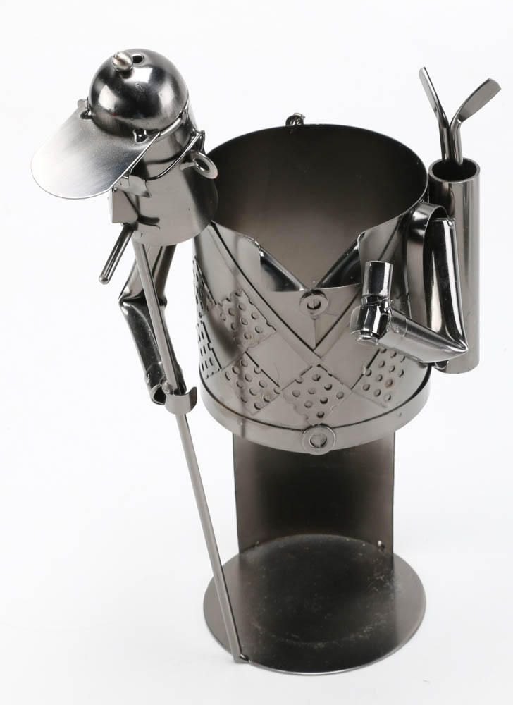 Collection of Metal Wine Bottle Holders Including Golfing Themes