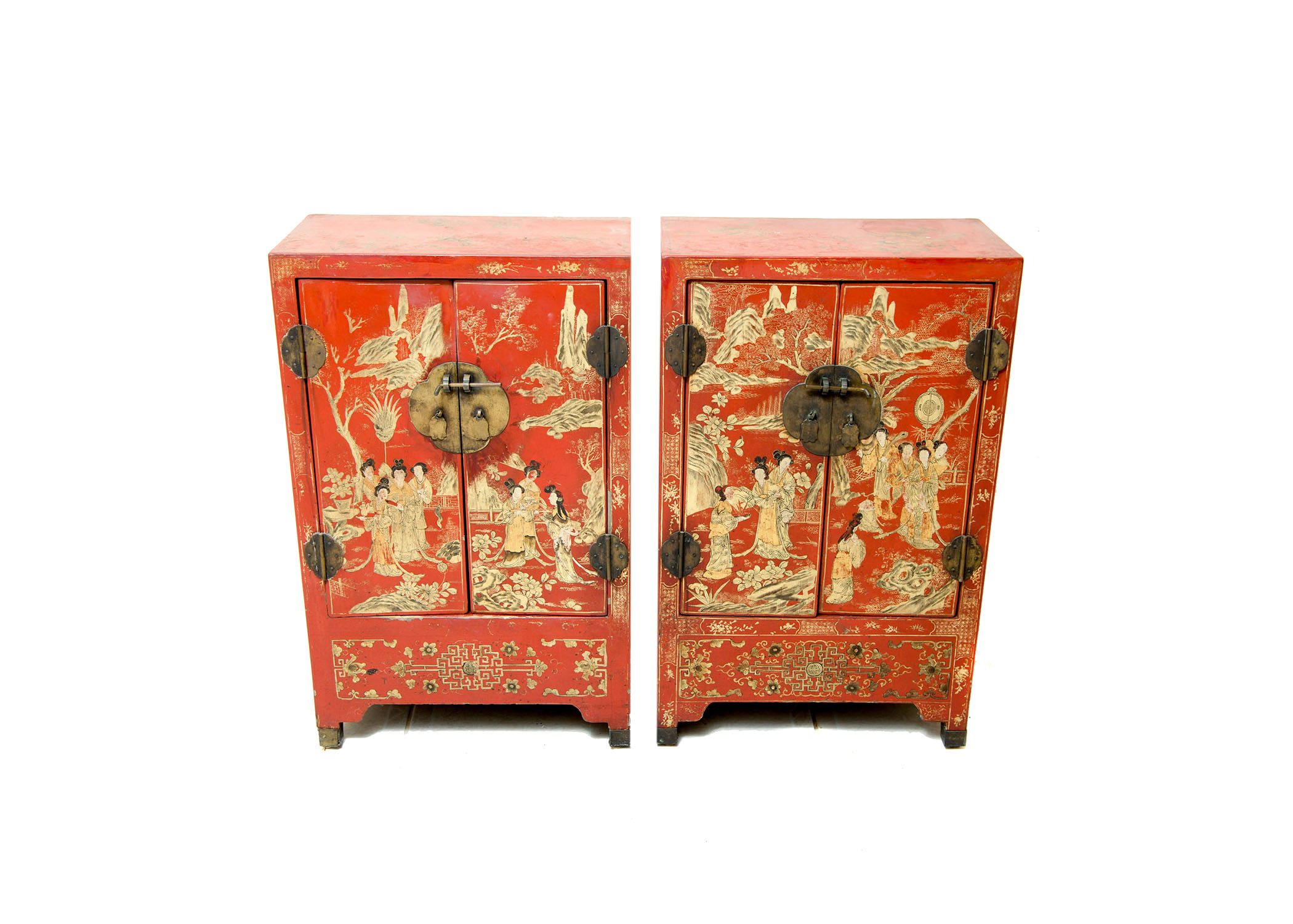 Pair of Vintage Chinese Red Painted Campaign Chests