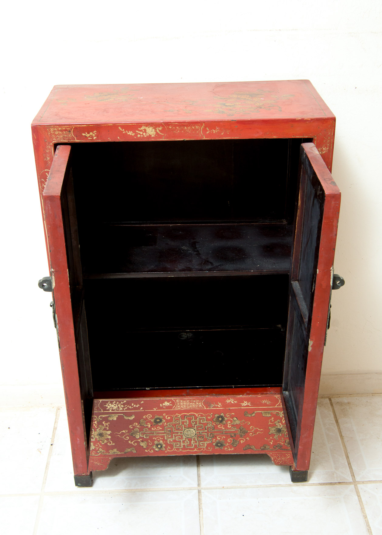 Pair of Vintage Chinese Red Painted Campaign Chests