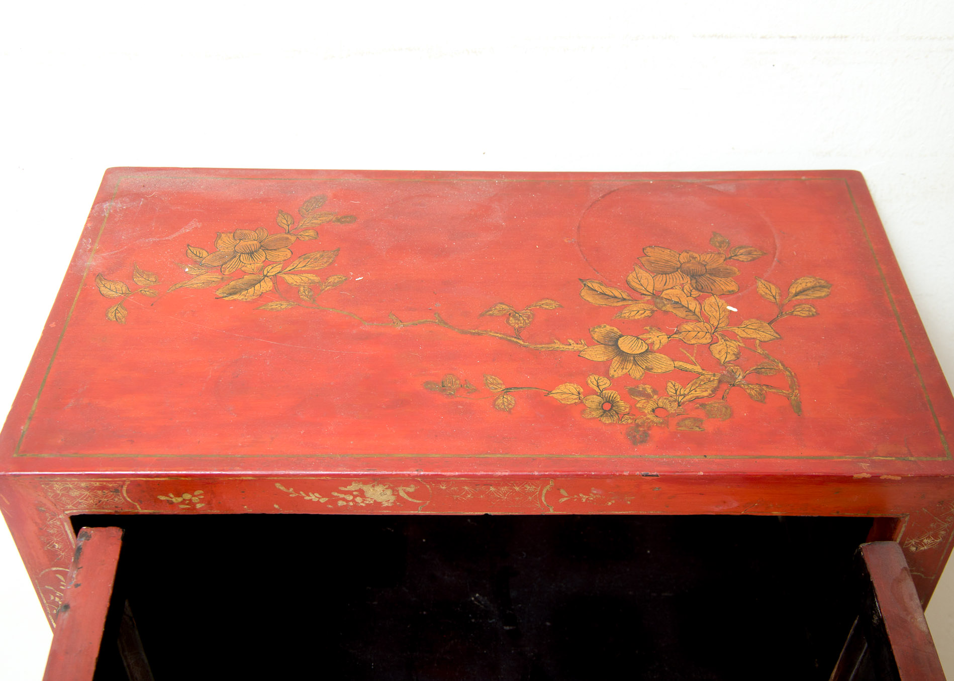 Pair of Vintage Chinese Red Painted Campaign Chests