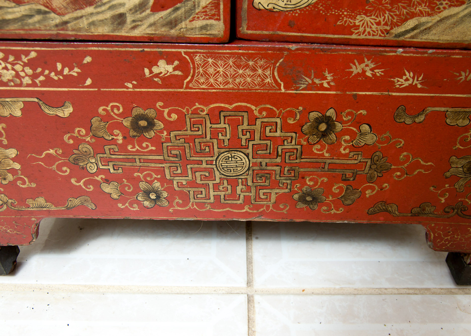 Pair of Vintage Chinese Red Painted Campaign Chests