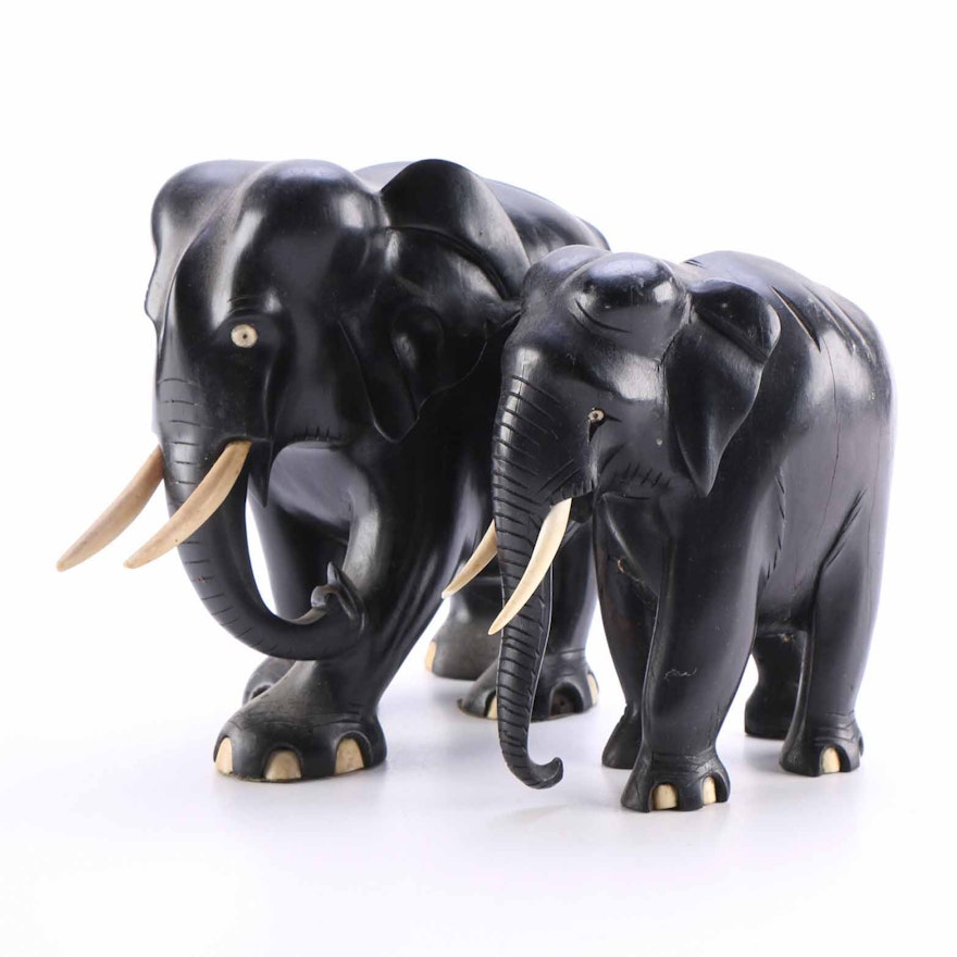 Elephants Figurines with Bone Tusks