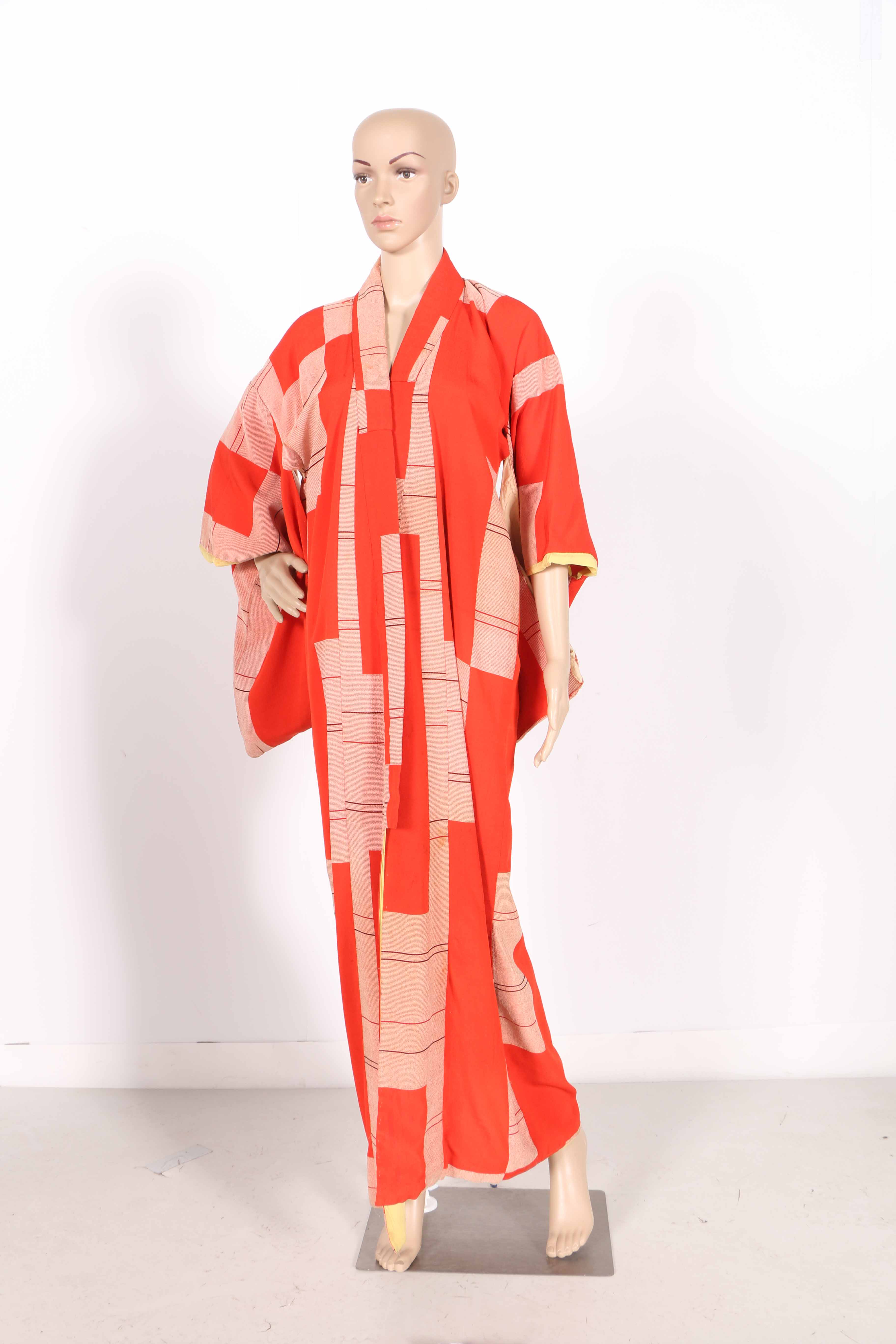 Red and Pink Block Patterned Komon Kimono