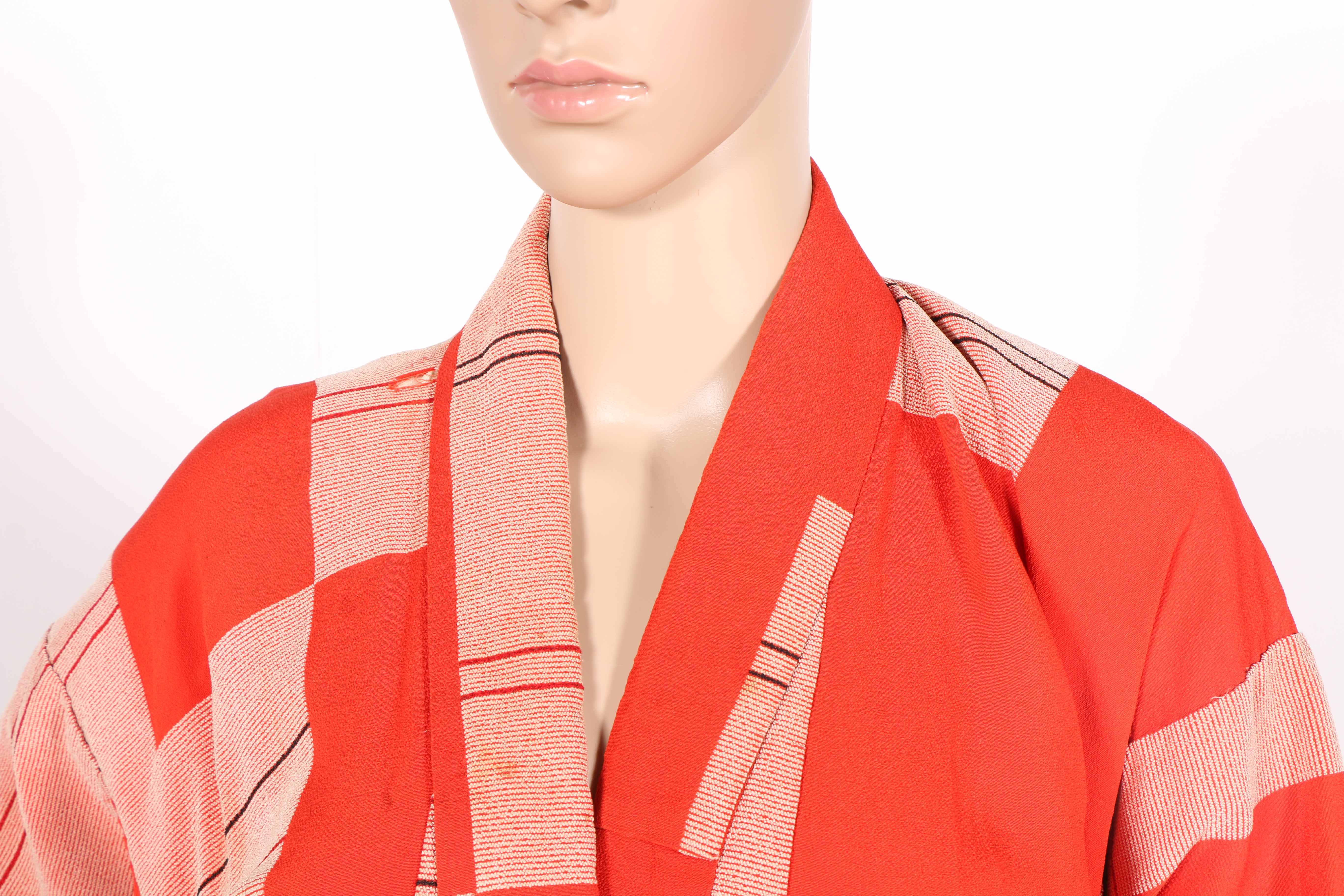 Red and Pink Block Patterned Komon Kimono