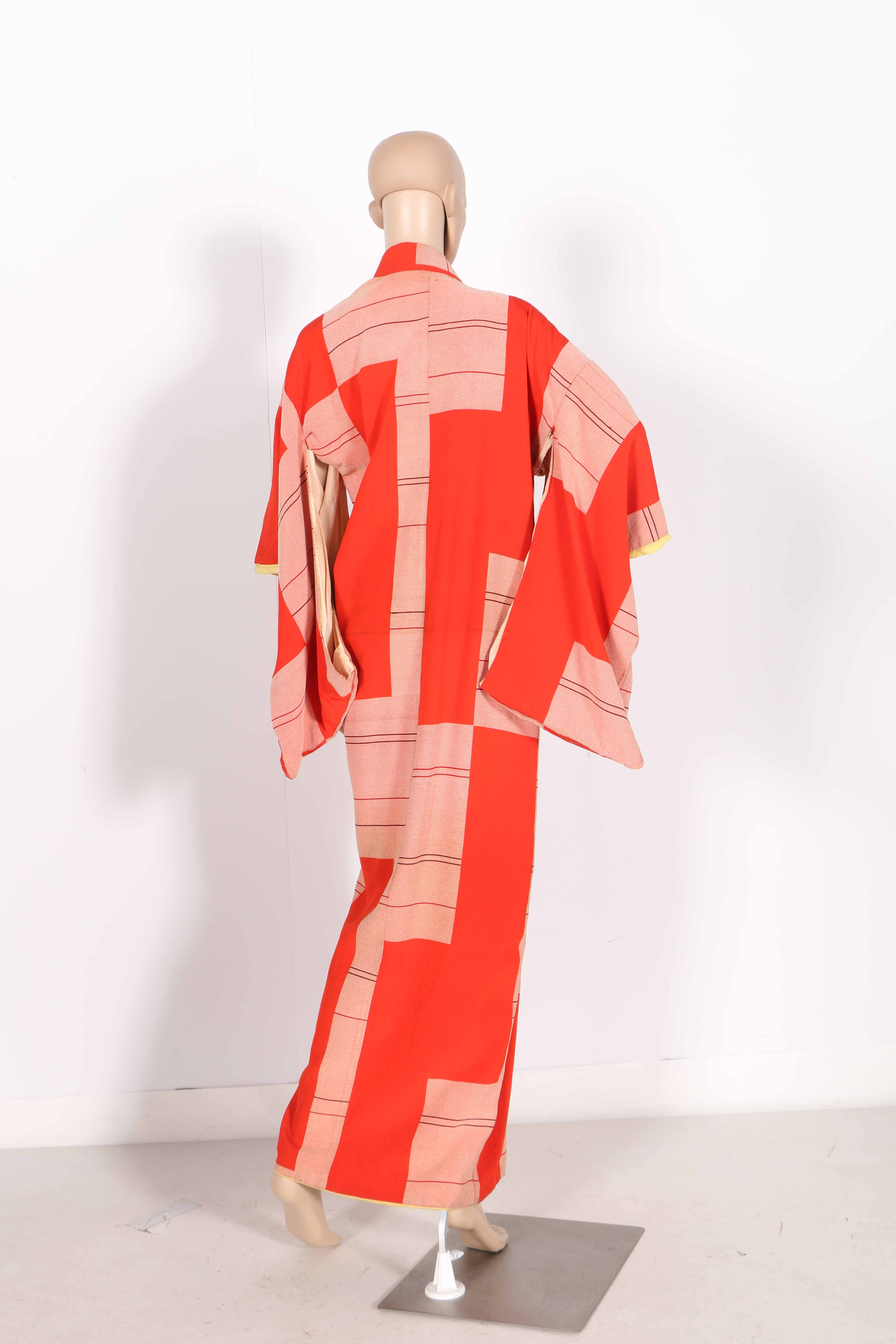 Red and Pink Block Patterned Komon Kimono