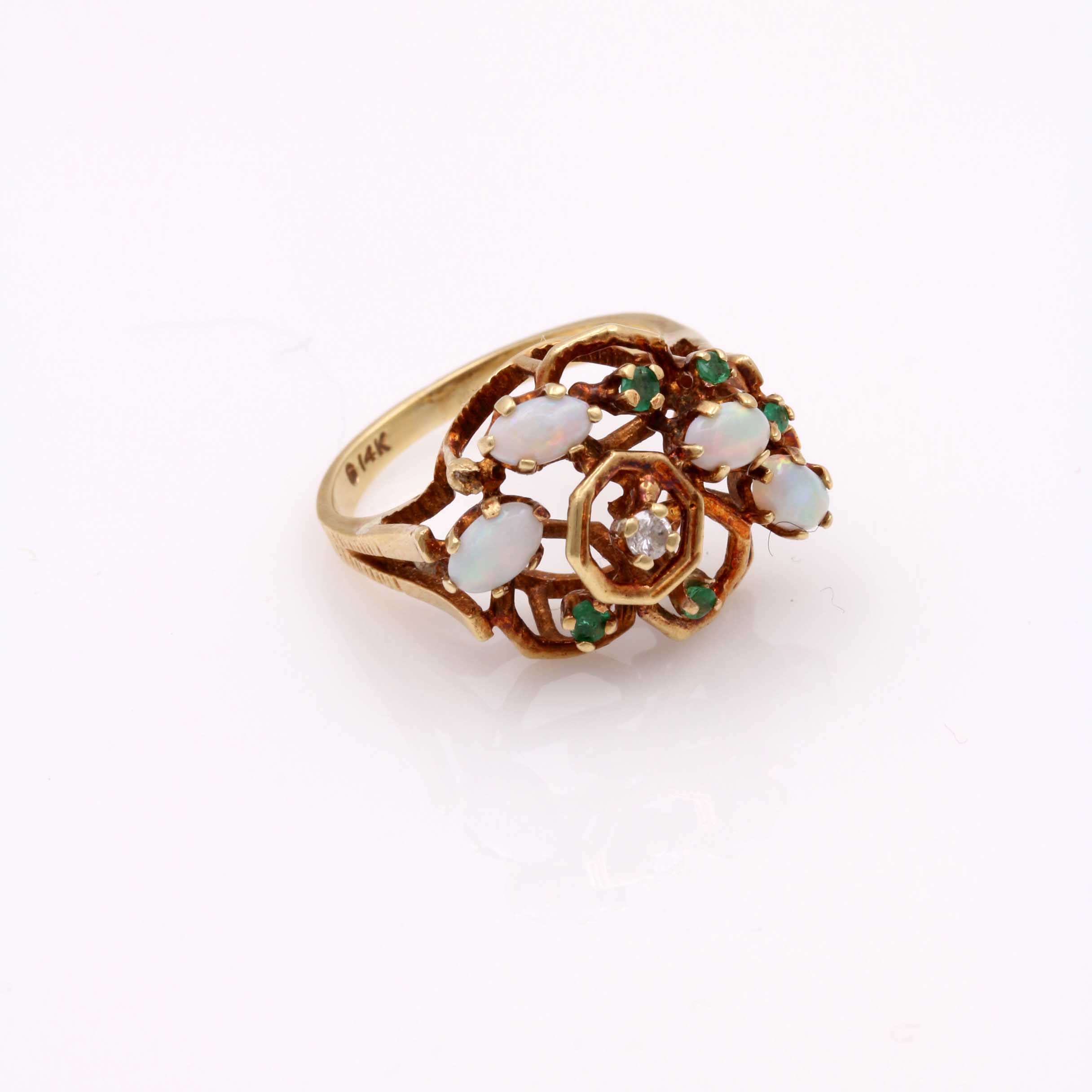 14K Yellow Gold Opal, Emerald and Diamond Cocktail Ring