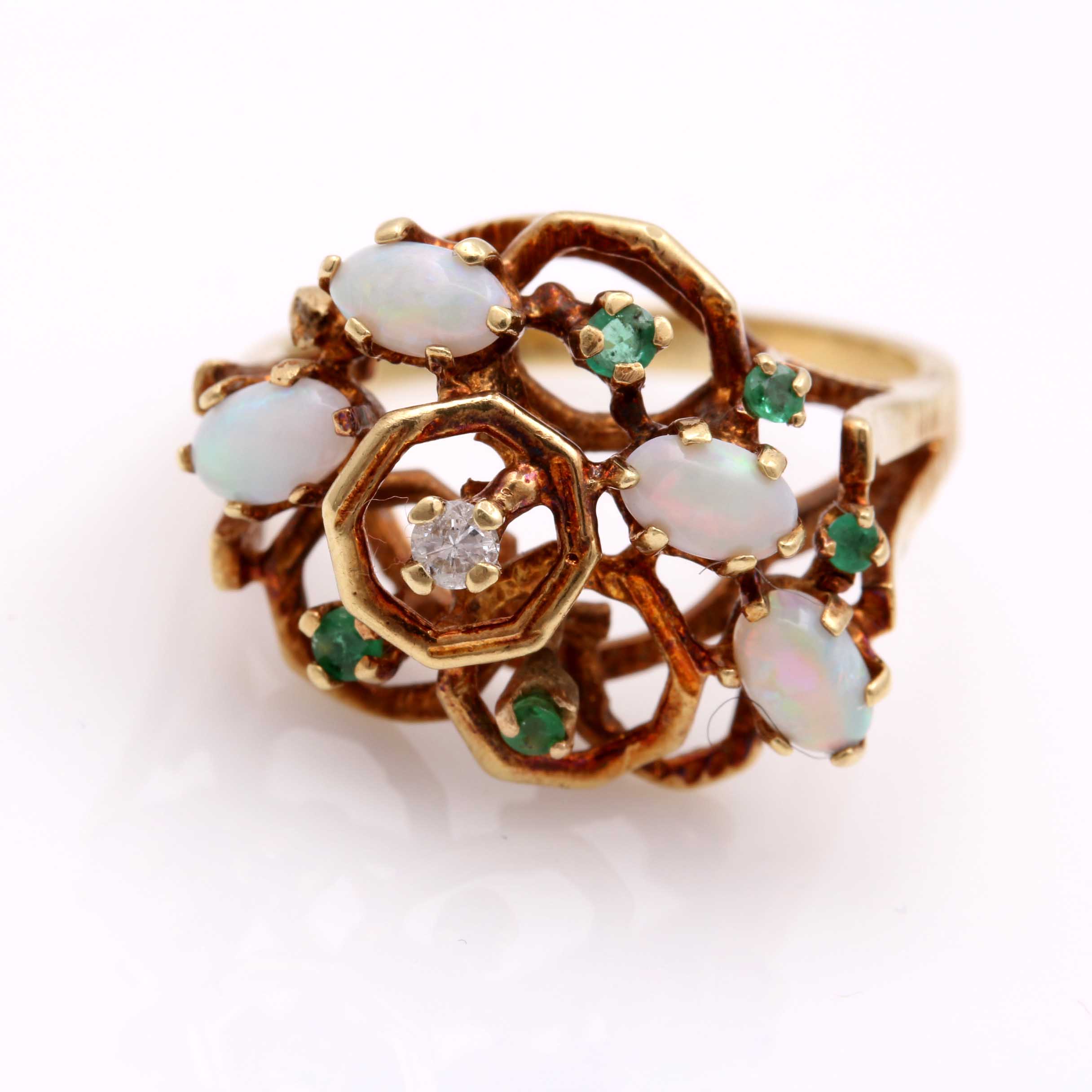14K Yellow Gold Opal, Emerald and Diamond Cocktail Ring