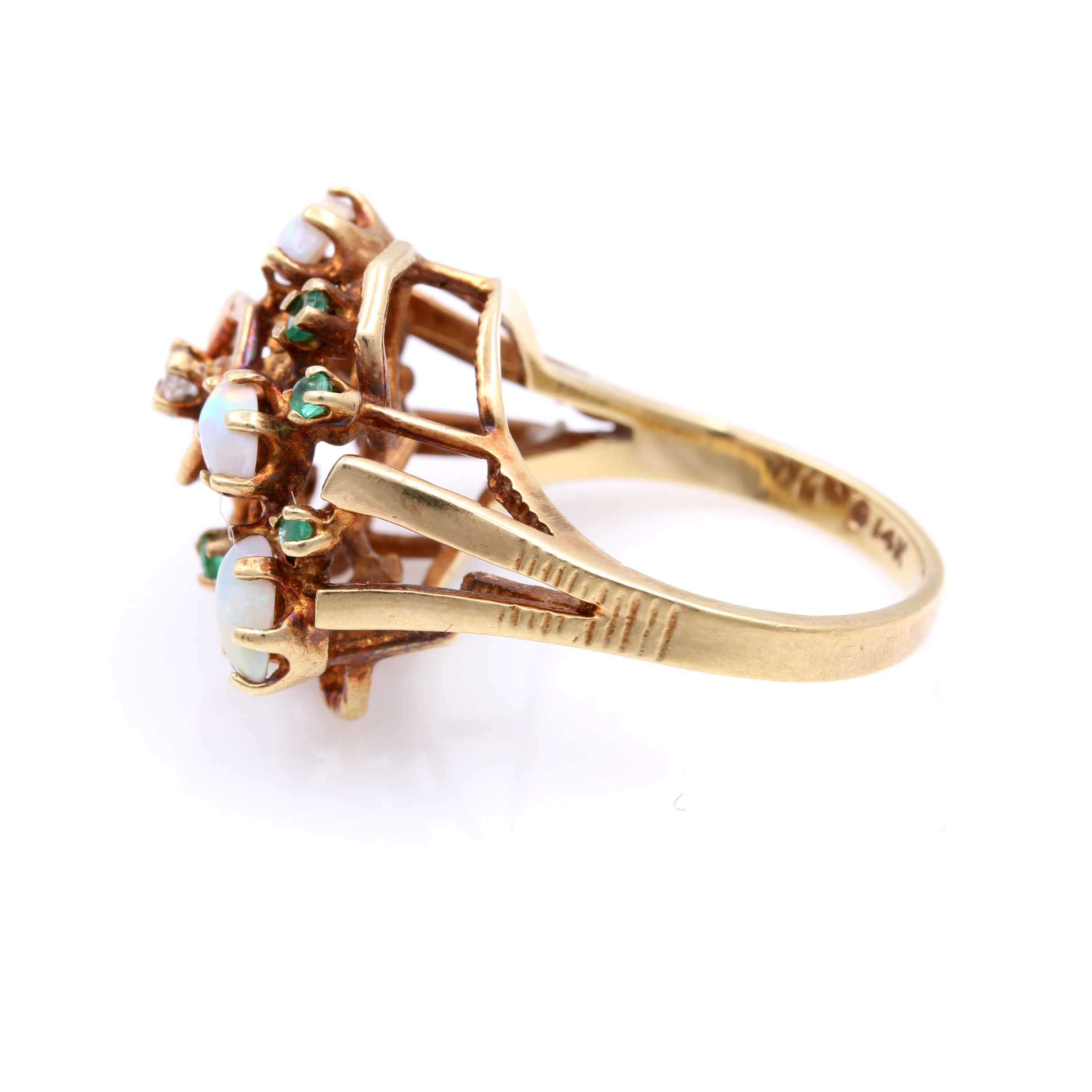 14K Yellow Gold Opal, Emerald and Diamond Cocktail Ring