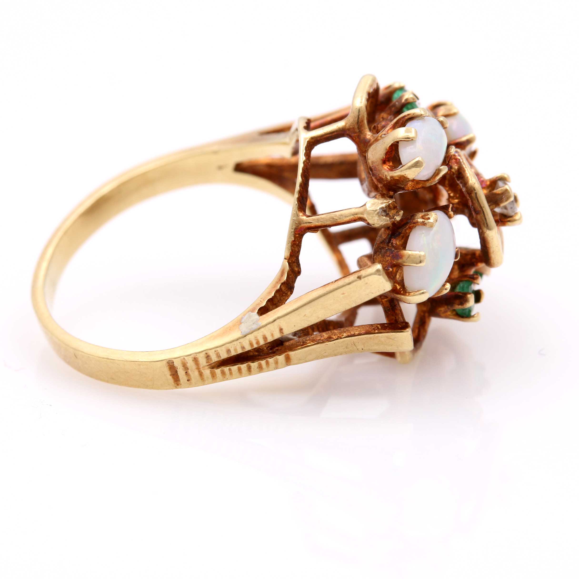 14K Yellow Gold Opal, Emerald and Diamond Cocktail Ring