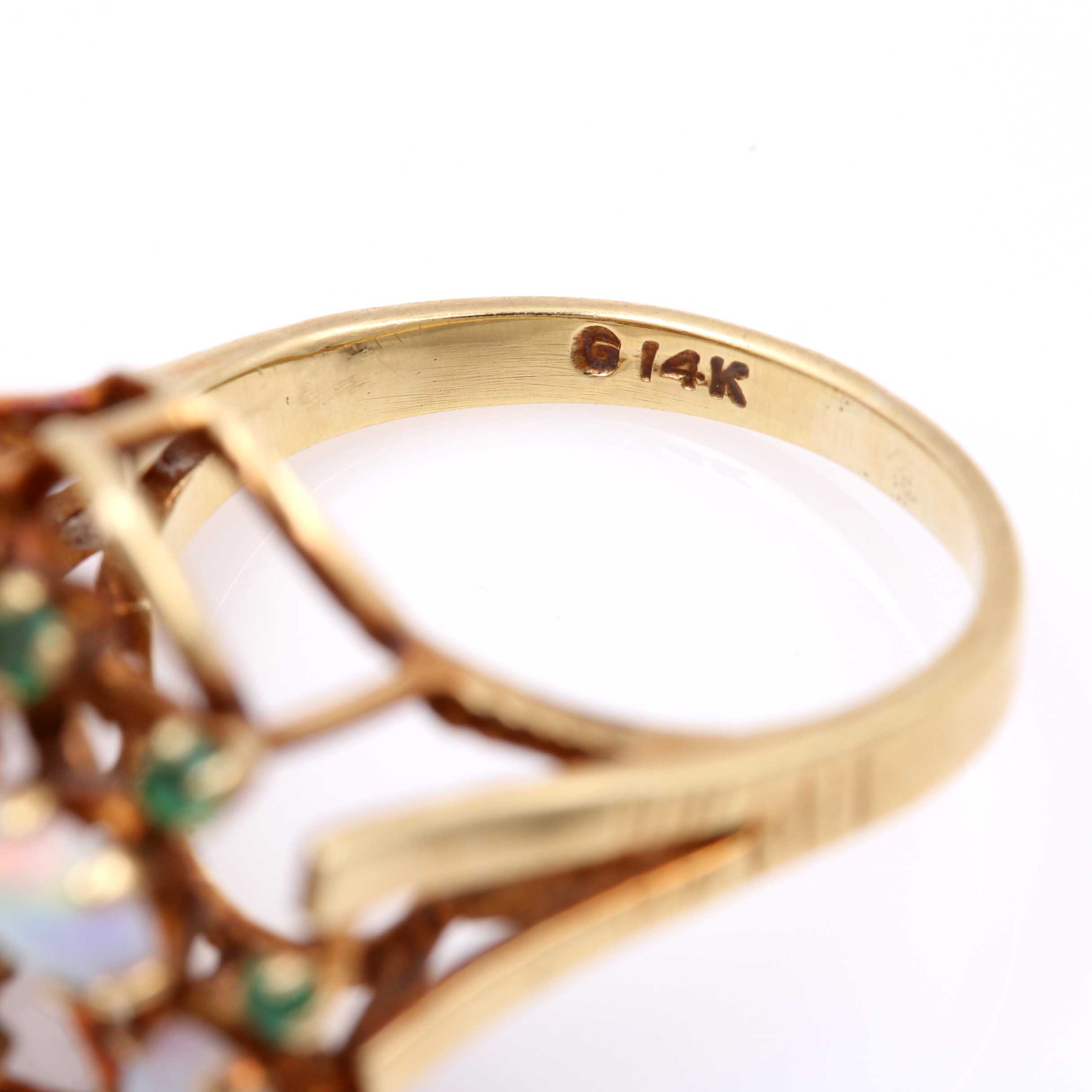 14K Yellow Gold Opal, Emerald and Diamond Cocktail Ring