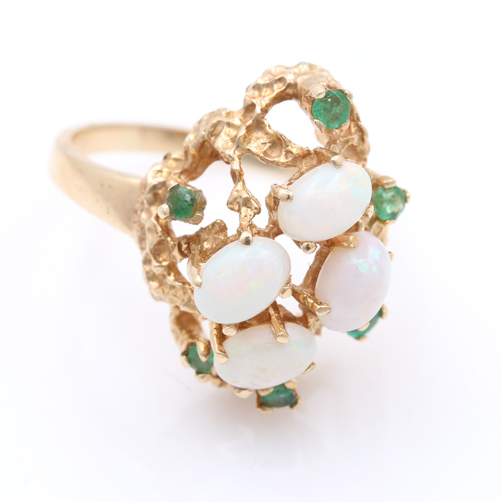 14K Yellow Gold Opal and Emerald Ring