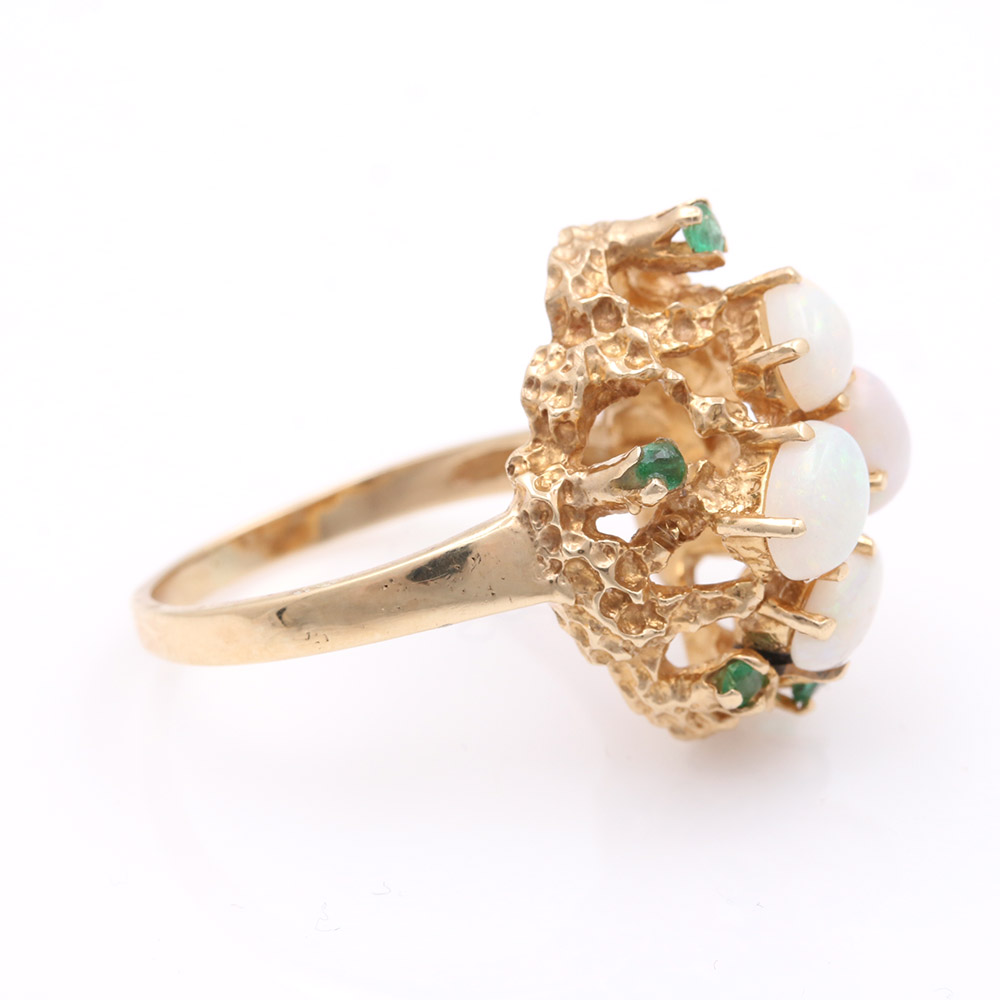 14K Yellow Gold Opal and Emerald Ring